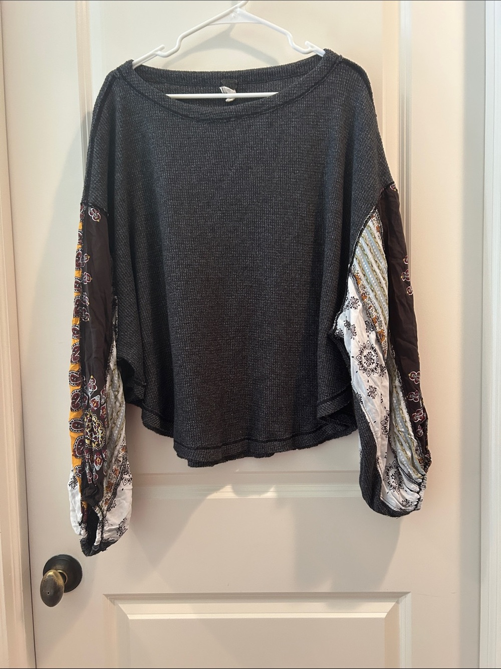 Free People We the Free Boho Festival Patchwork seams Sleeves waffle Top size L - Picture 3 of 10